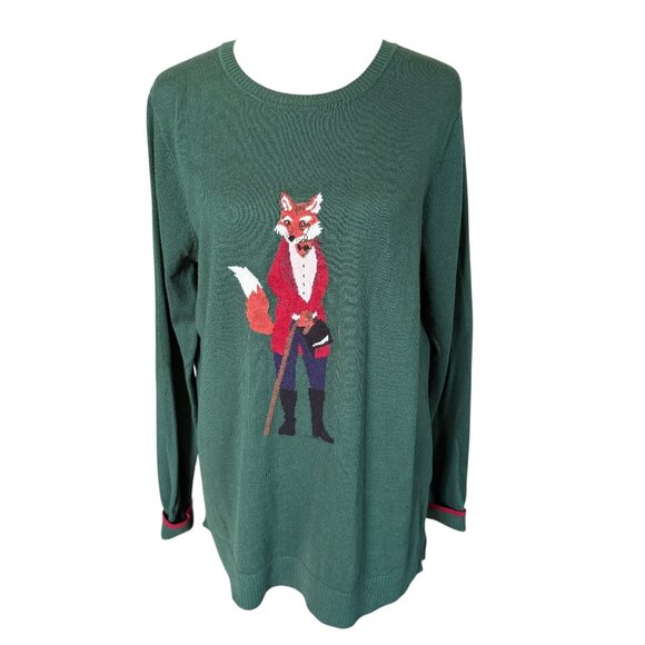 Joules Miranda green long sleeve pullover knit fox sweater women's size 12 - Picture 1 of 10
